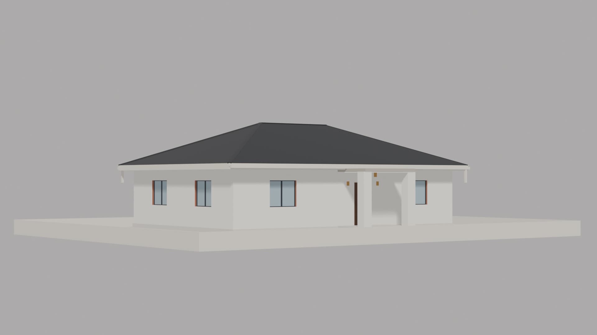 Clay model of a Mightlogic-built single-storey house with a hipped chromadek roof, seen from the front left